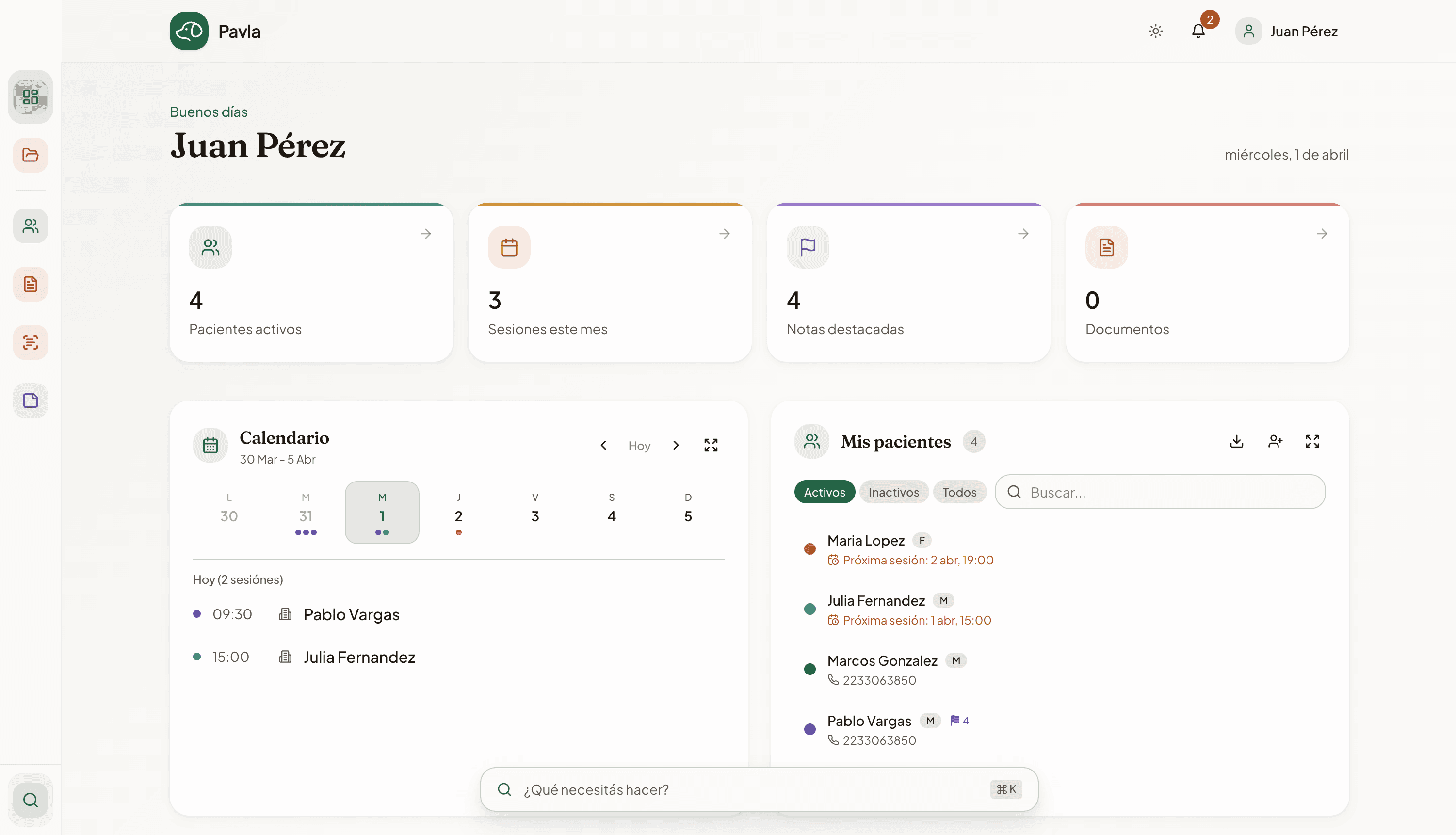 Vista previa del panel de Pavla — gestión de pacientes, calendario y sesiones