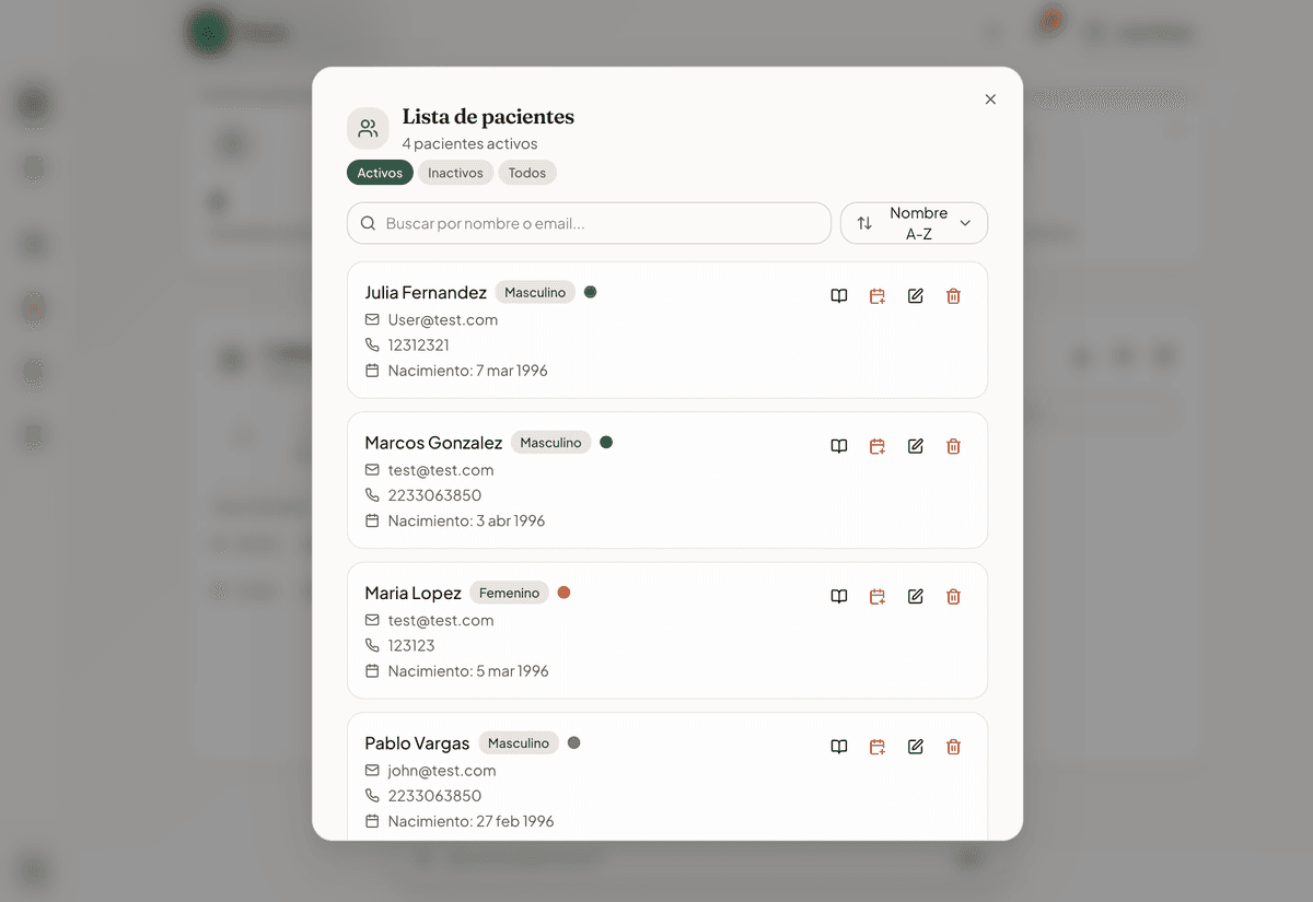 Modal de gestión de pacientes en Pavla